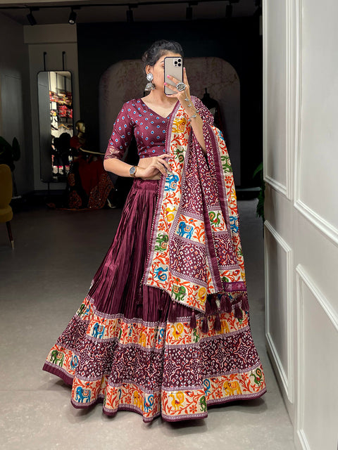 Maroon Color Bandhej Print With Patola Print Crushed Dola Silk Lehenga Choli ClothsVilla.com Main image
