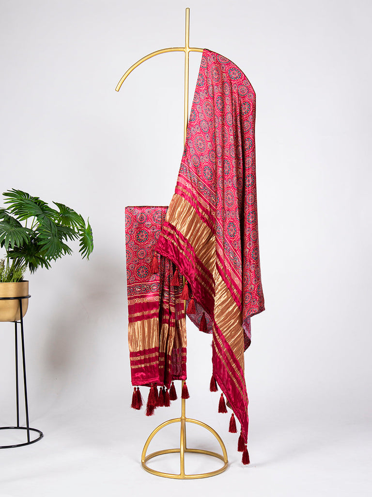 Maroon Color Digital Printed Gaji Silk Dupatta With Lagdi Patta ClothsVilla.com