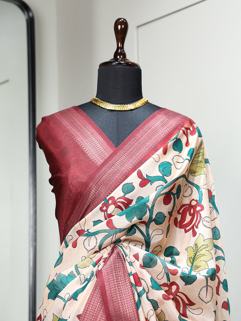 Maroon Color Printed With Zari Border Dola Silk Saree Clothsvilla