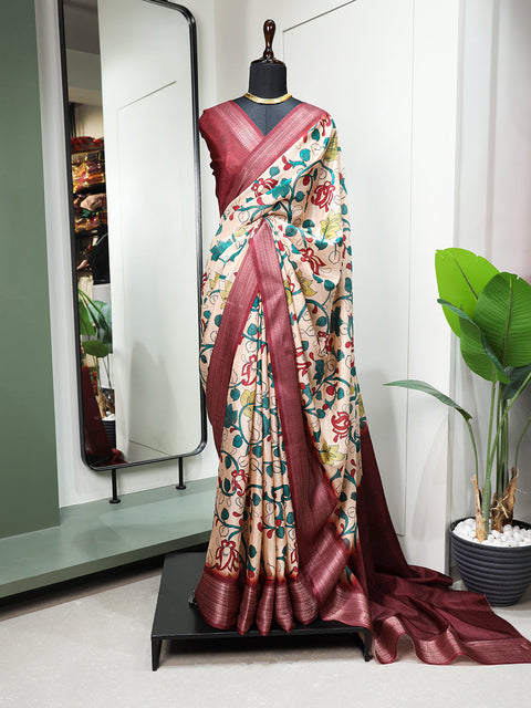 Maroon Color Printed With Zari Border Dola Silk Saree Clothsvilla Main image