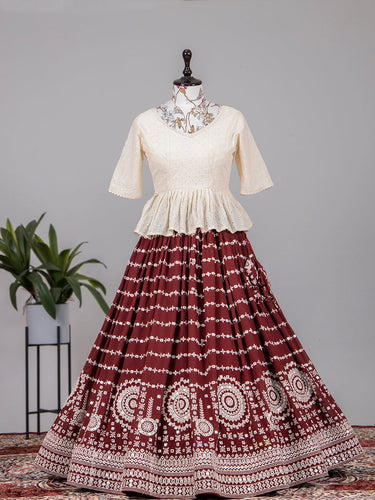 Maroon Color Paper Mirror and Thread Embroidery Work Georgette Lehenga Choli Clothsvilla