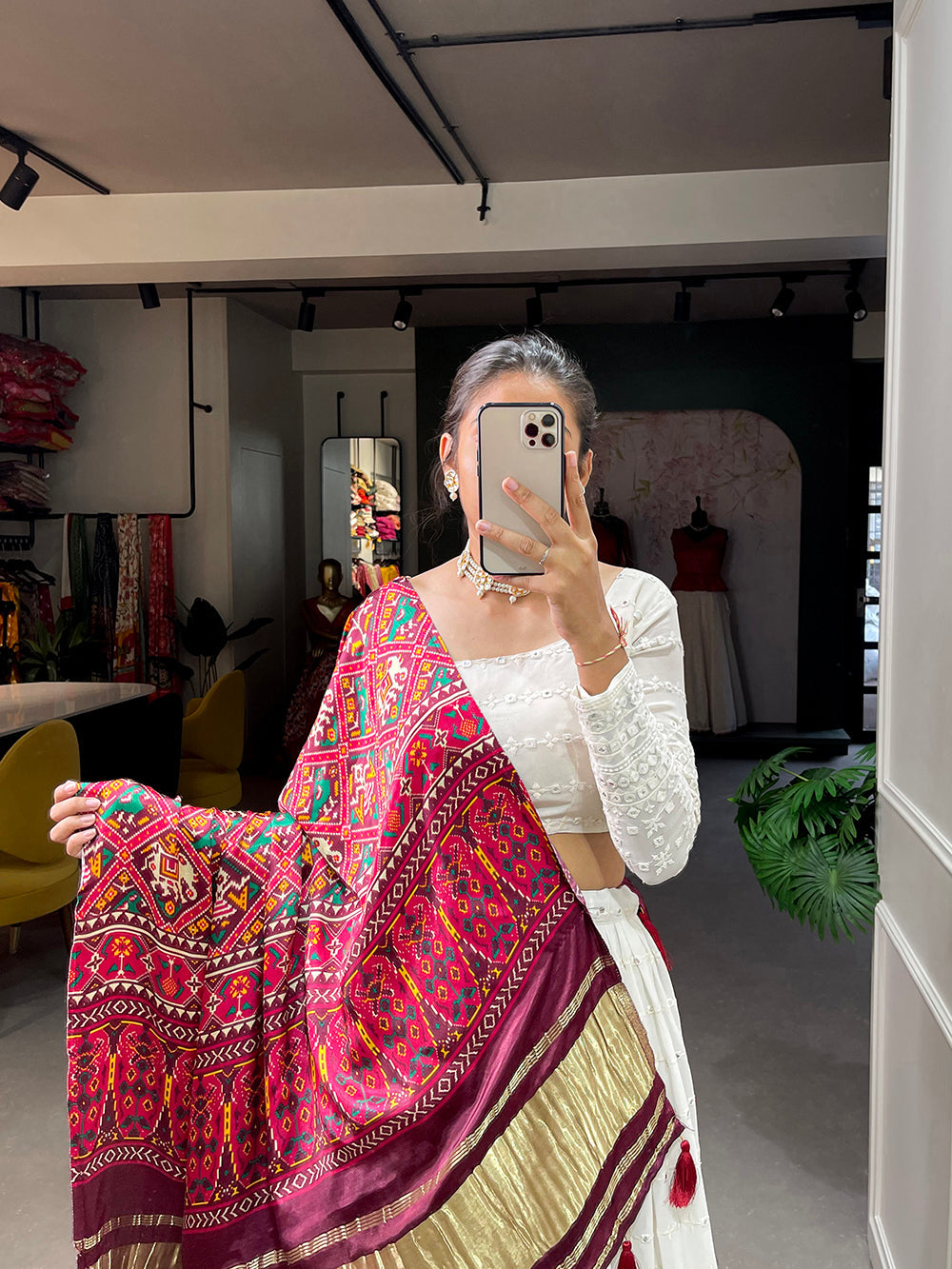 White Color Lucknowi Paper Mirror Work Georgette lehenga Choli ClothsVilla.com