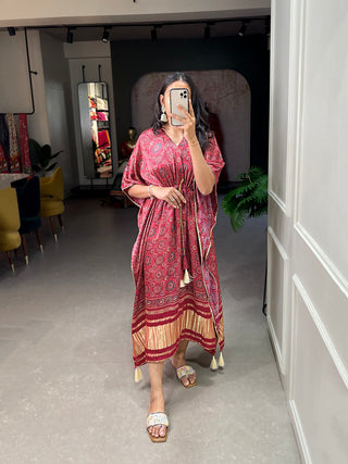 Maroon Color Digital Print With Gotta Patti Lace Border Gaji Silk Kaftan ClothsVilla.com