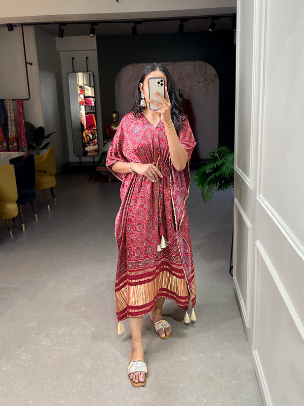 Maroon Color Digital Print With Gotta Patti Lace Border Gaji Silk Kaftan ClothsVilla.com