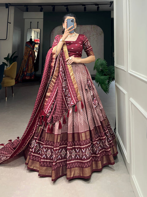 Maroon Color Dot And Ikkat Print With Foil Work Tussar Silk Lehenga Choli Clothsvilla Main image