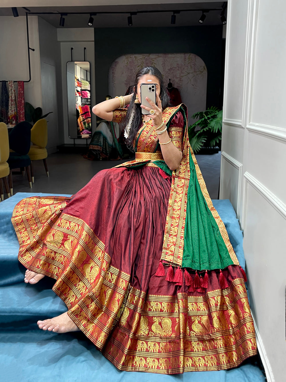 Maroon Color Zari Weaving Work Narayan Pet (Cotton) Pattu Lehenga Choli ClothsVilla.com