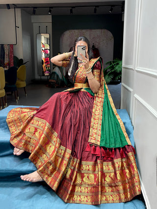 Maroon Color Zari Weaving Work Narayan Pet (Cotton) Pattu Lehenga Choli ClothsVilla.com