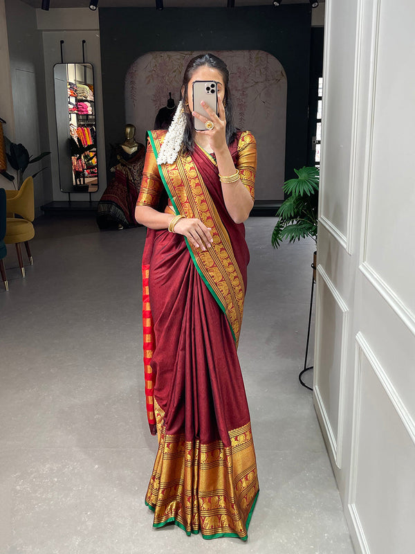 Maroon Color Zari Weaving Work Narayan Pet Saree Clothsvilla
