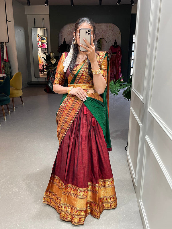 Maroon Color Zari Weaving Work Narayan Pet Cotton Lehenga Choli Clothsvilla