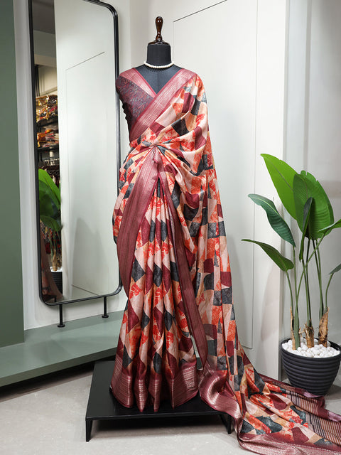 Maroon Color Printed With Zari Border Dola Silk Saree Clothsvilla Main image