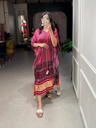 Maroon Color Digital Printed Gaji Silk Kaftan ClothsVilla.com