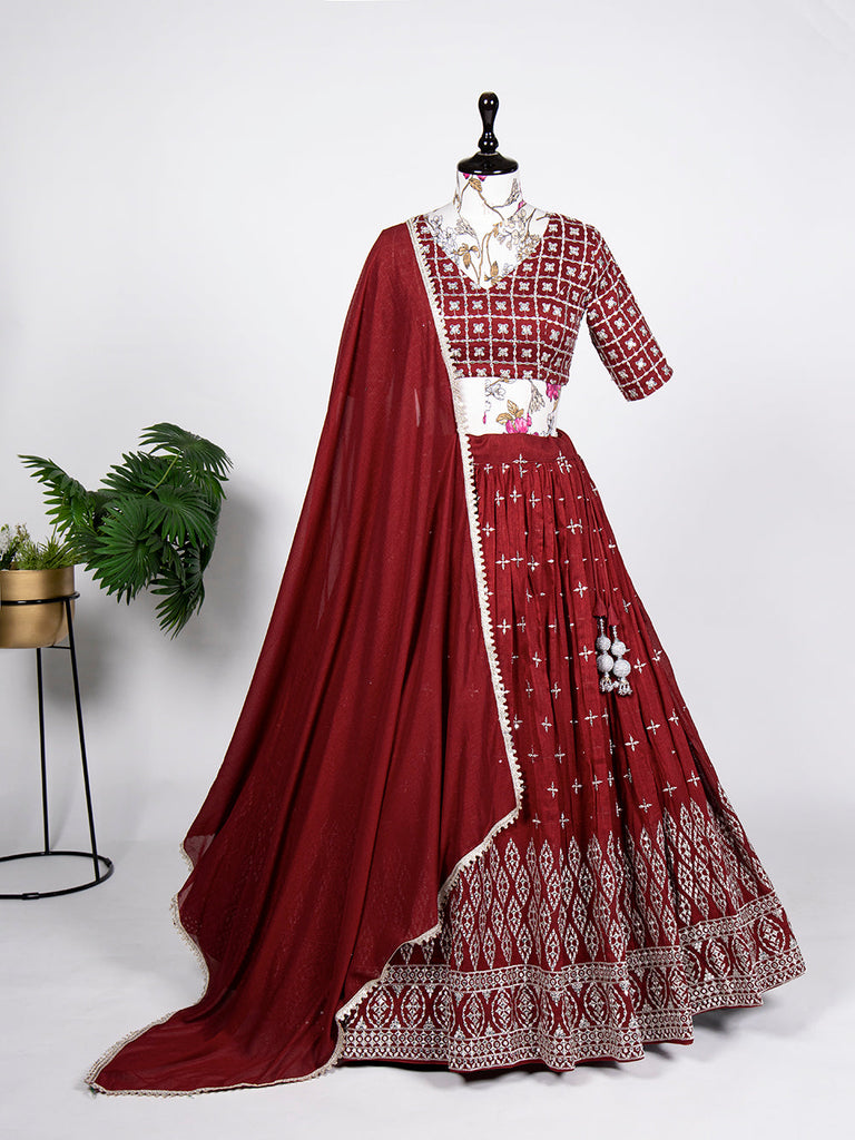 Maroon Color Sequins Embroidery Work Neem Silk Lehenga Choli ClothsVilla.com