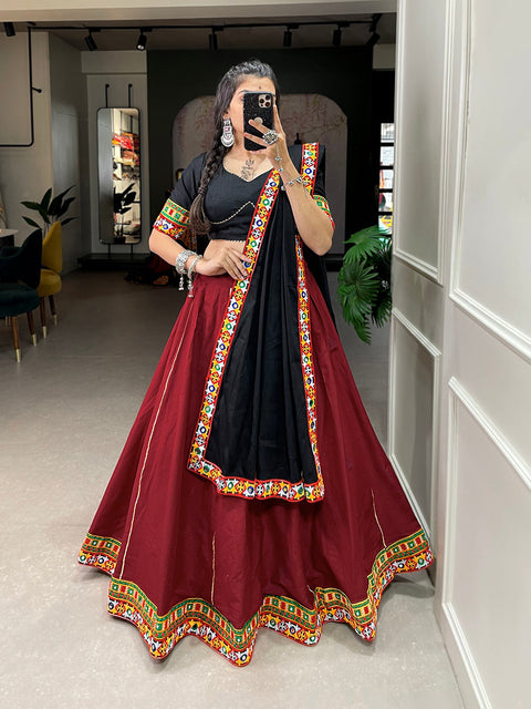 Maroon Color Gamthi Work And Original Mirror Work Lace Border Cotton Dandiya Choli ClothsVilla Main image