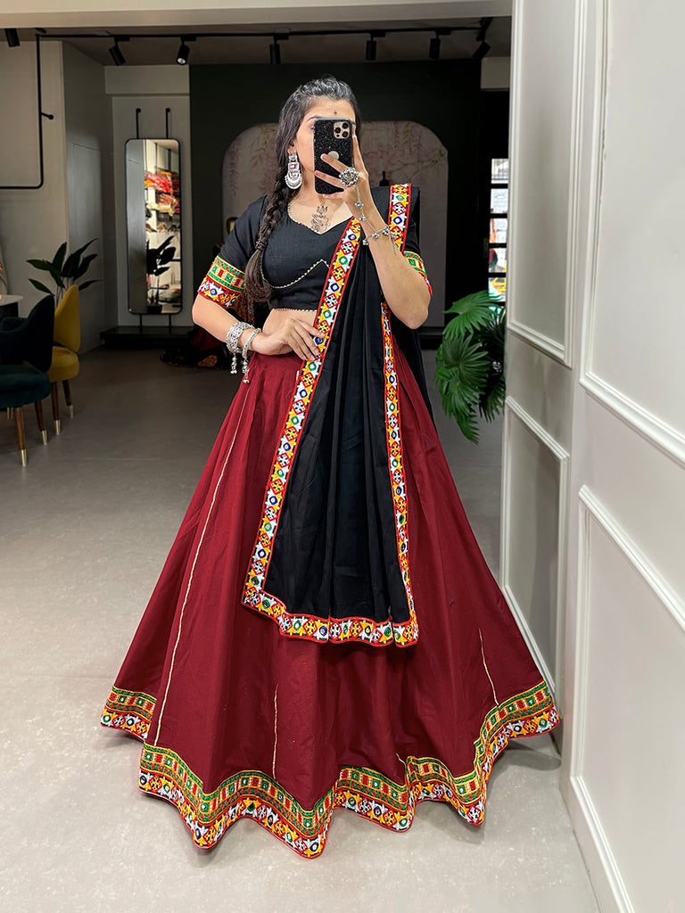 Maroon Color Gamthi Work And Original Mirror Work Lace Border Cotton Dandiya Choli ClothsVilla