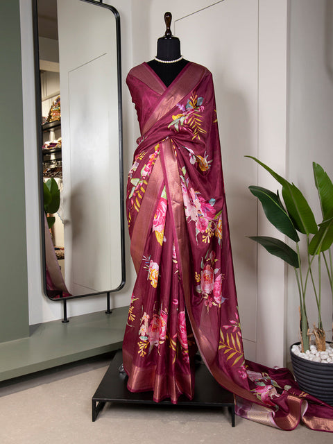 Maroon Color Printed With Zari Border Dola Silk Saree Clothsvilla Main image