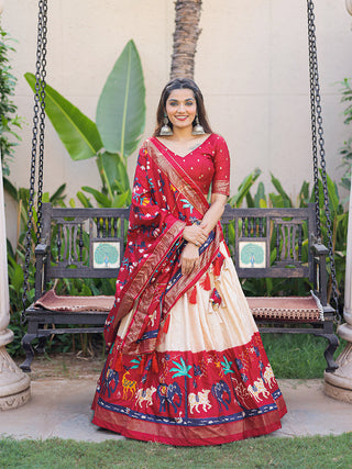 Maroon Color Printed With Foil Work Dola Silk Lehenga Choli ClothsVilla.com