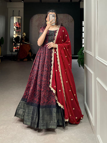 Maroon Color Printed With Weaving Work Patta Soft Chanderi  Dress Clothsvilla