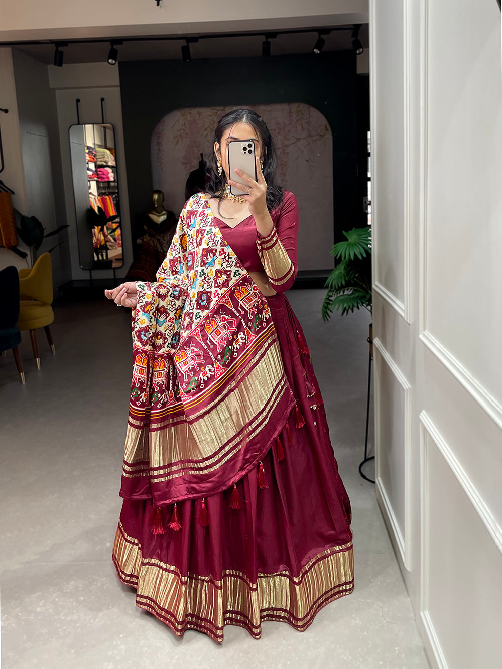 Maroon Color Dyeing With Lagdi Patta Gaji Silk Lehenga Choli ClothsVilla.com