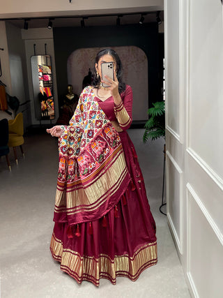 Maroon Color Dyeing With Lagdi Patta Gaji Silk Lehenga Choli ClothsVilla.com