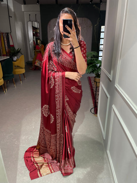 Maroon Color Printed And Foil Work Semi Gaji Satin Saree Clothsvilla Main image