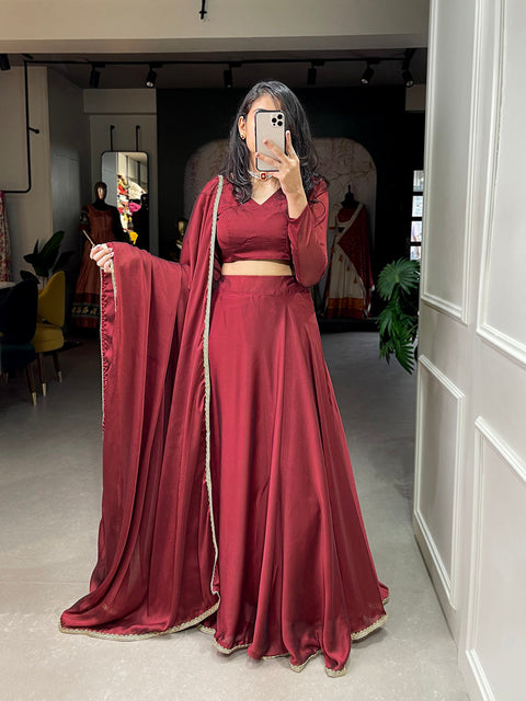 Maroon Color Plain With Lace Border Rangoli Silk Chaniya Choli ClothsVilla Main image