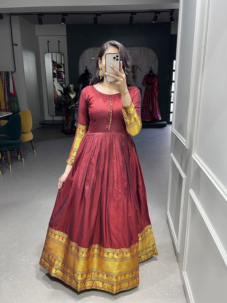 Maroon Color Zari Weaving Work Narayan Pet Cotton Gown Clothsvilla