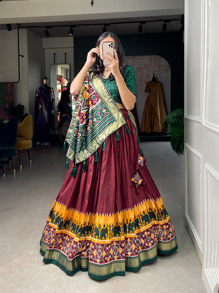 Maroon Color Gujrati Patola Print With Foil Work Tussar Silk Lehenga Choli ClothsVilla