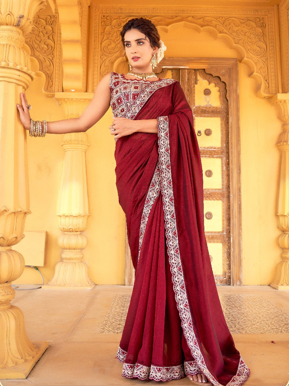 Wedding Maroon Colour Saree Pure Chinon Fabric Classy Saree Design 2022