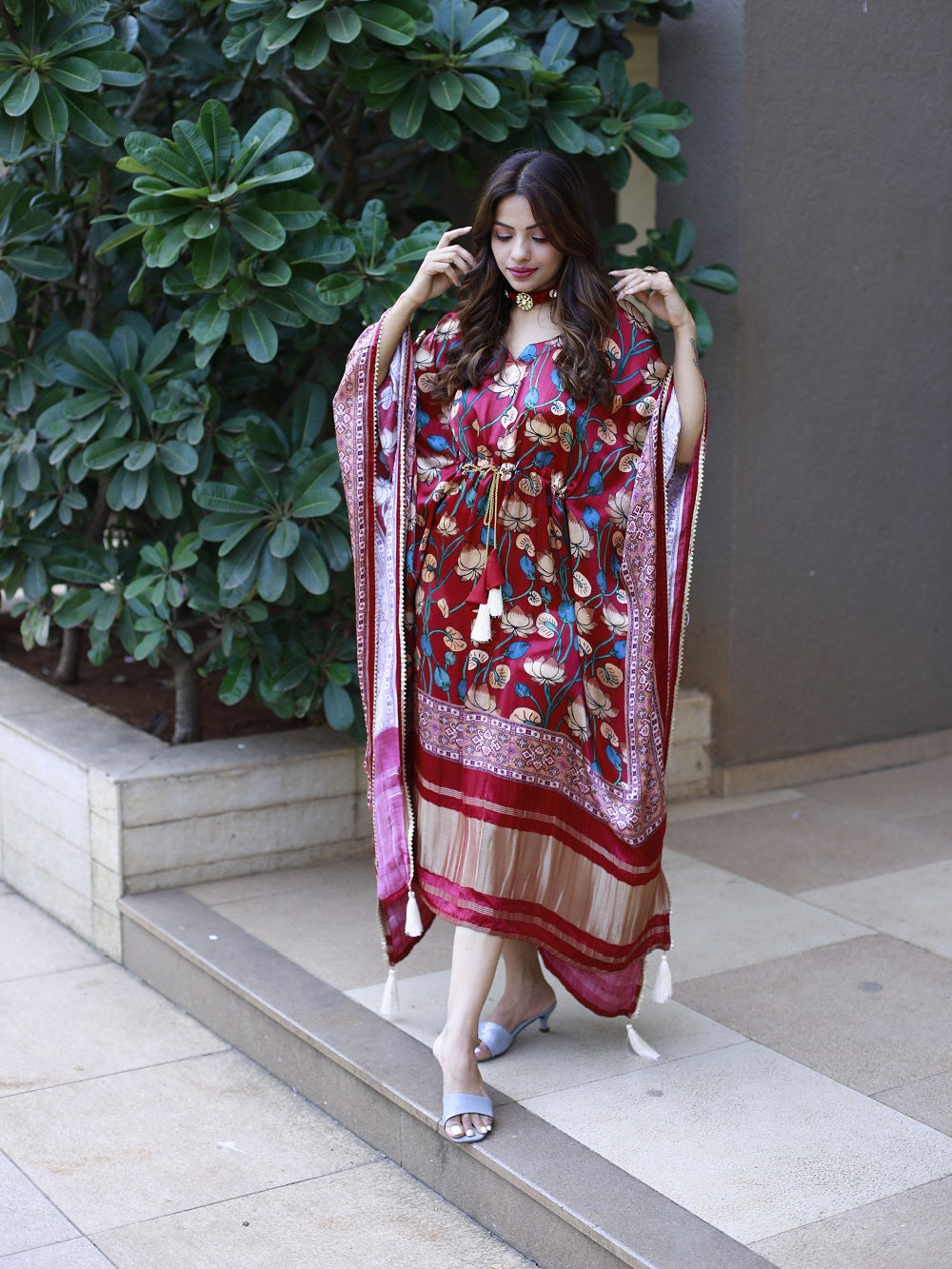 Maroon Color Digital Printed Pure Gaji Silk Kaftan Clothsvilla