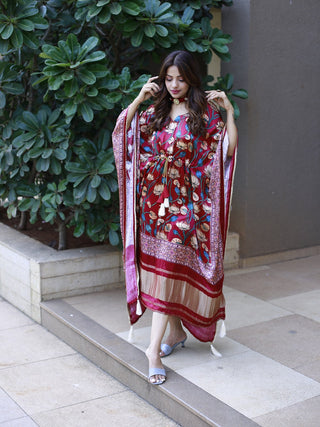 Maroon Color Digital Printed Pure Gaji Silk Kaftan Clothsvilla