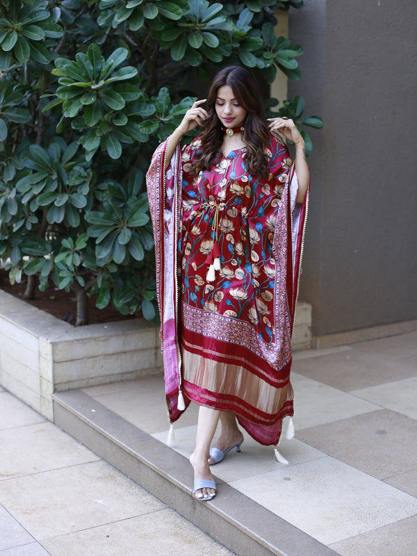 Maroon Color Digital Printed Pure Gaji Silk Kaftan Clothsvilla