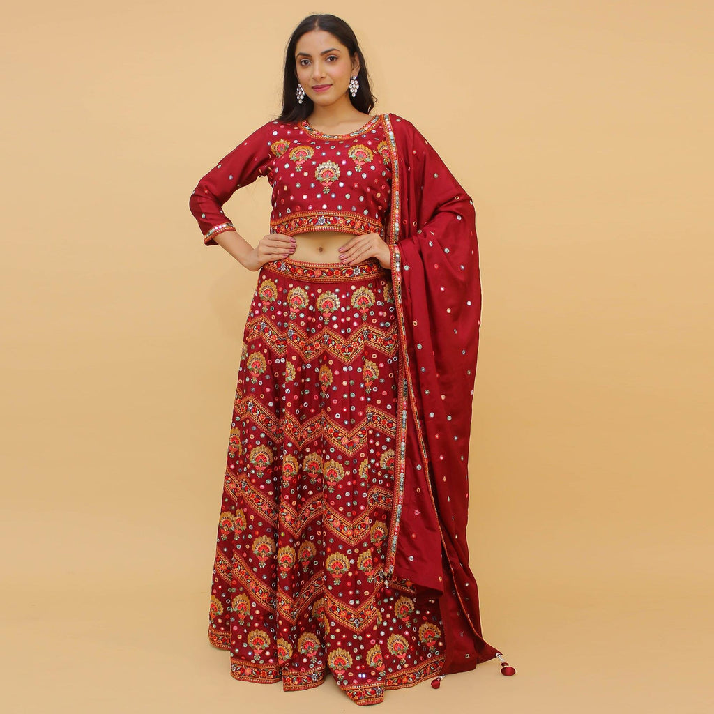 Maroon Embroidered With Embellished Chiffon Lehenga Choli Clothsvilla