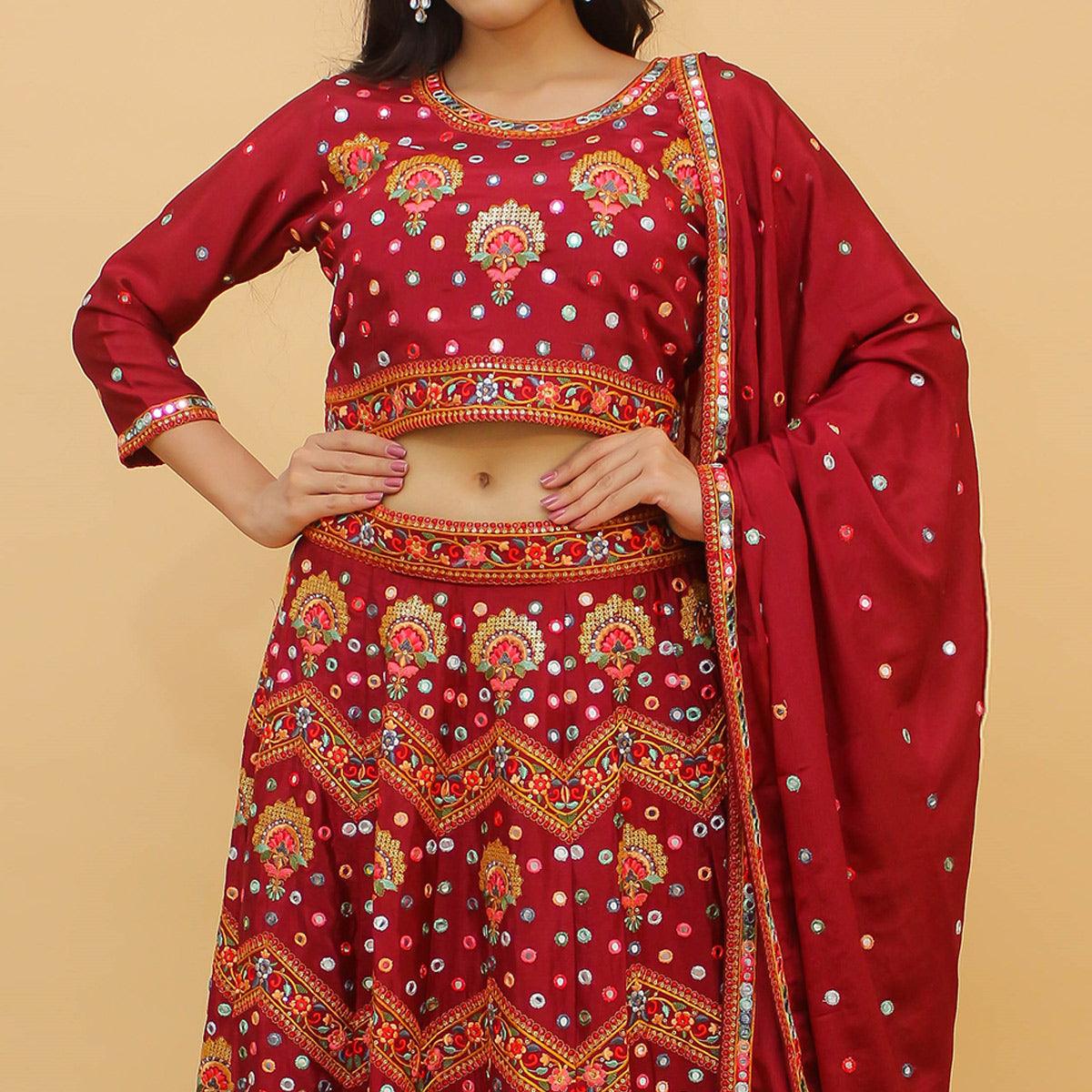 Maroon Embroidered With Embellished Chiffon Lehenga Choli Clothsvilla