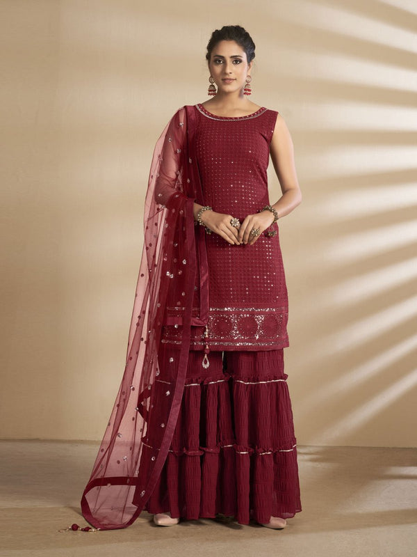 Maroon Georgette Wedding Sharara Suit Clothsvilla