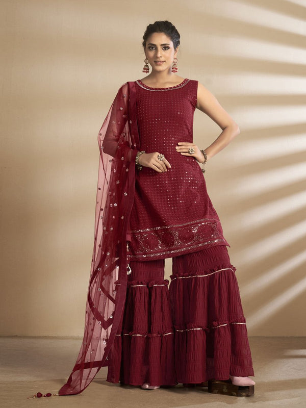 Maroon Georgette Wedding Sharara Suit Clothsvilla