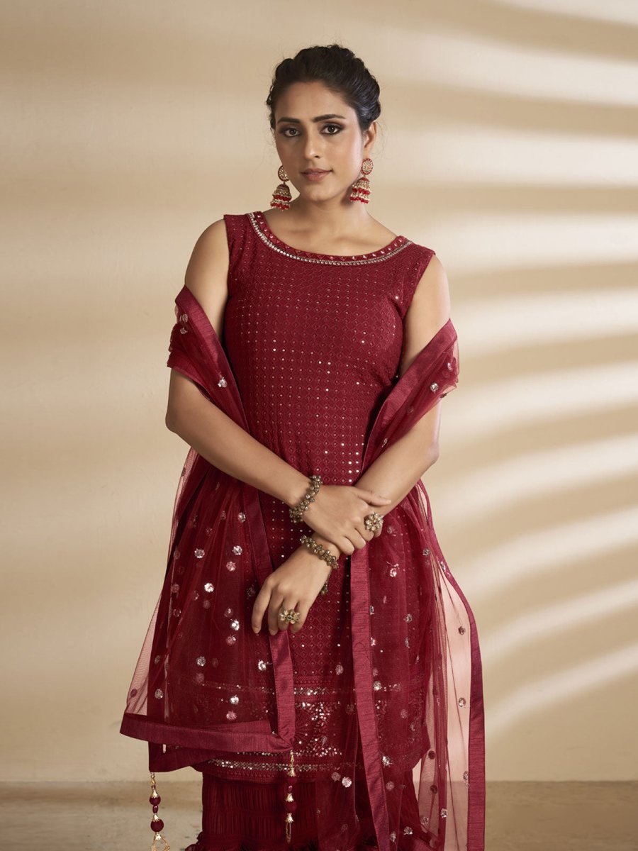 Maroon Georgette Wedding Sharara Suit Clothsvilla