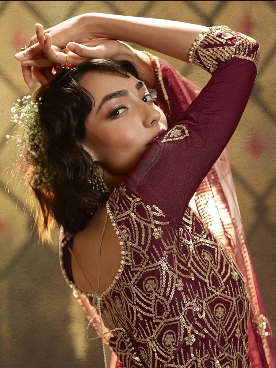 Maroon Net Embroidered Partywear Sharara Suit Clothsvilla