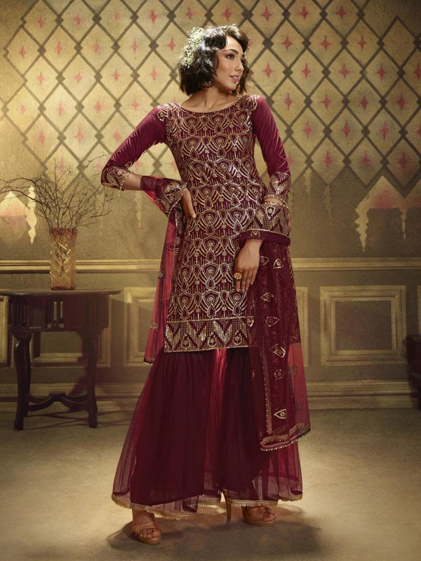 Maroon Net Embroidered Partywear Sharara Suit Clothsvilla