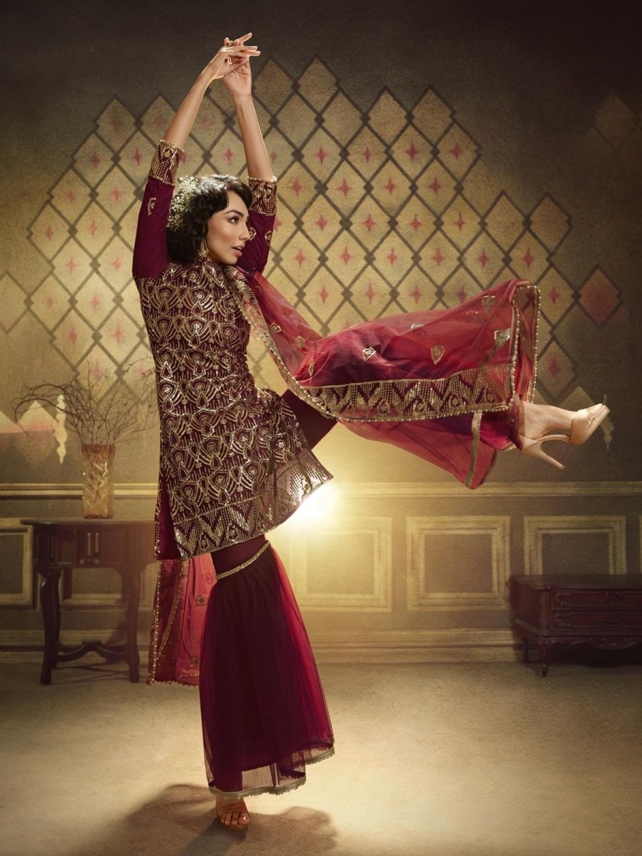 Maroon Net Embroidered Partywear Sharara Suit Clothsvilla