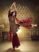 Load image into Gallery viewer, Maroon Net Embroidered Partywear Sharara Suit Clothsvilla