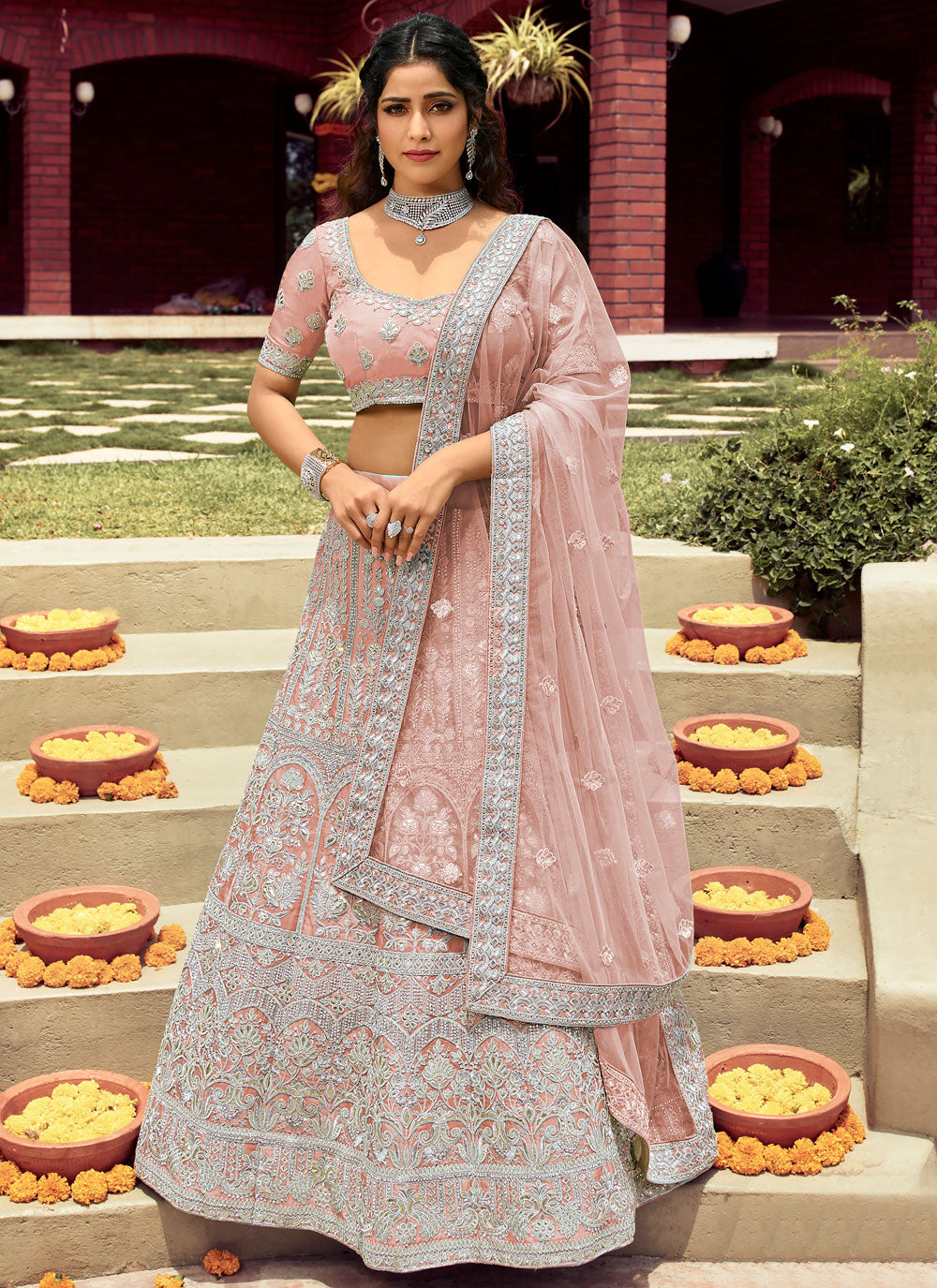 Peach Patch Border Organza Lehenga Choli Clothsvilla