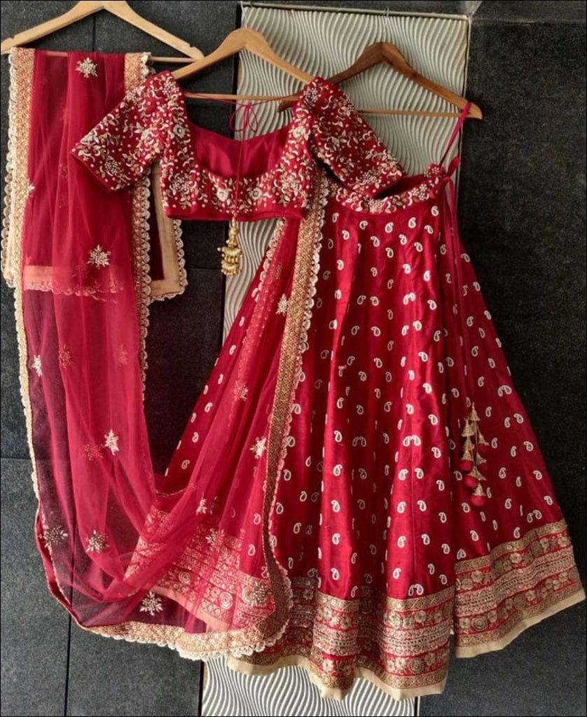 Red Silk Lehenga Choli with Heavy Embroidery Work ClothsVilla