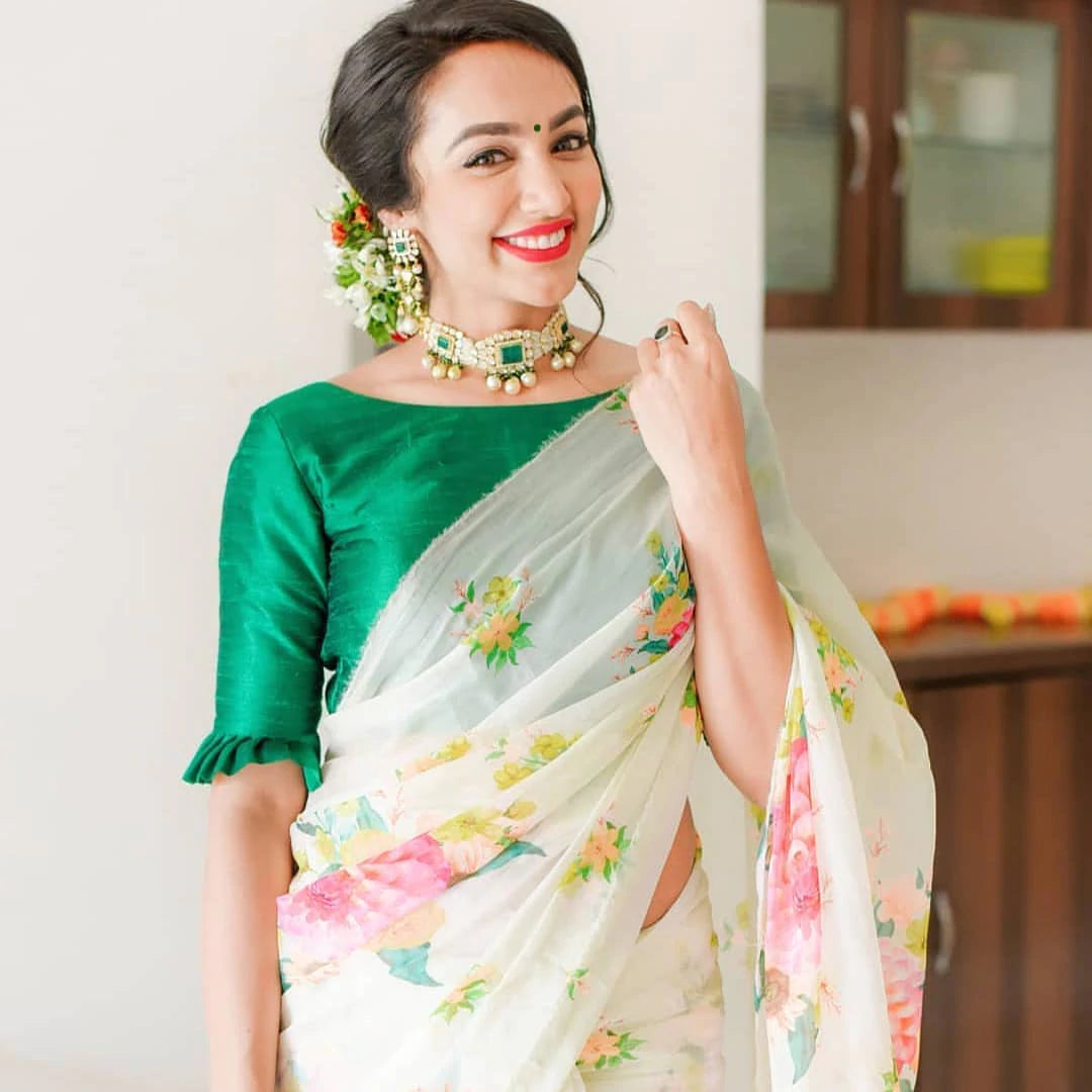 White Silk Printed Saree with Green Blouse (Un-stitched) ClothsVilla