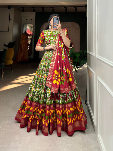 Mehendi Color Patola Print With Foil Work Tussar Silk Lehnga Choli Clothsvilla