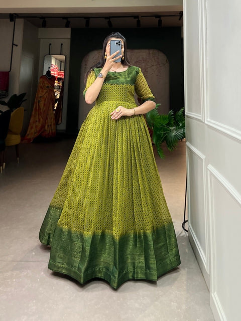Mehendi Color Print With Zari Patta  Soft Cotton Dress Clothsvilla Main image