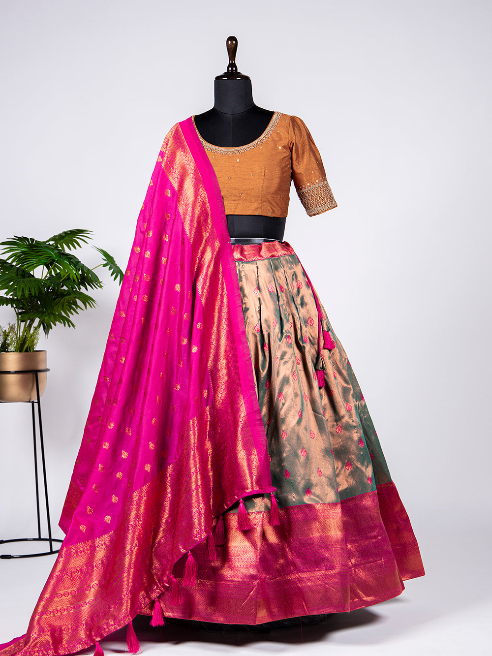 Mehendi Color Zari Weaving Work Jacquard Lehenga Choli Secondary image