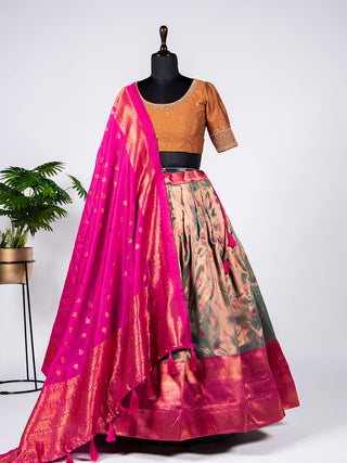 Mehendi  Color Zari Weaving Work Jacquard Lehenga Choli Clothsvilla