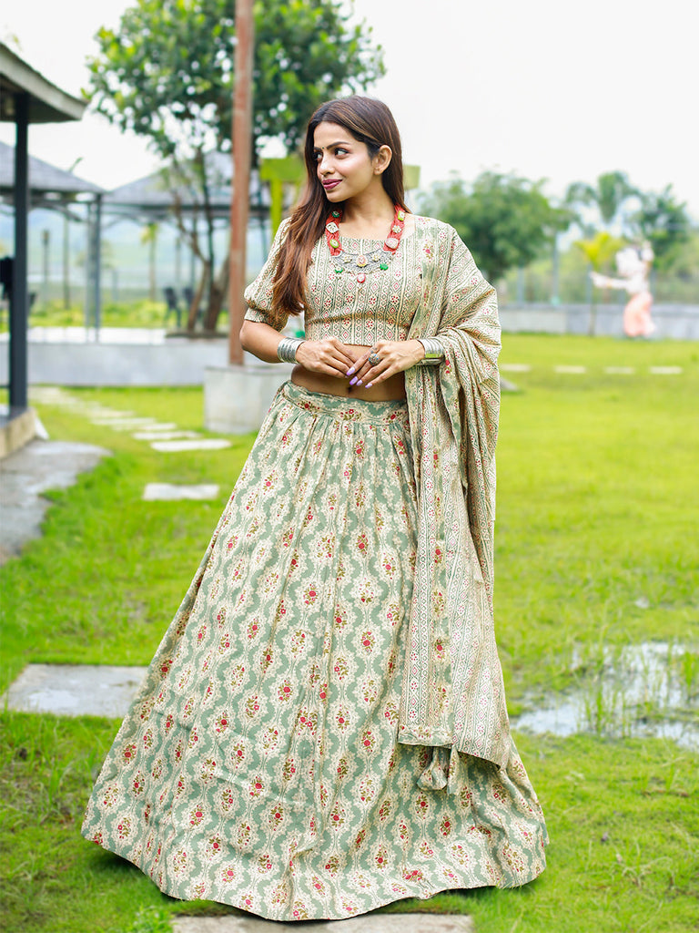 Mehendi Color Foil And Printed Chanderi Cotton Lehenga With Choli Clothsvilla