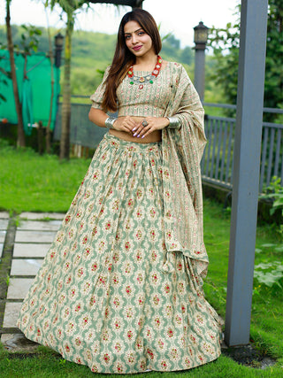 Mehendi Color Foil And Printed Chanderi Cotton Lehenga With Choli Clothsvilla