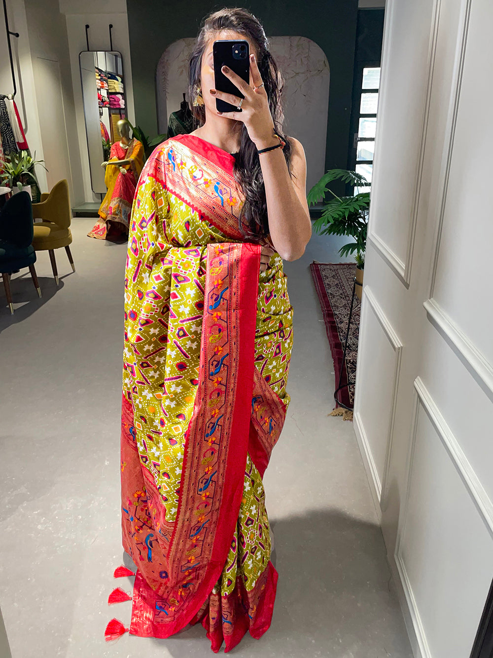 Mehendi Color Patola Paithani Printed with Foil Work Dola Silk Saree Clothsvilla